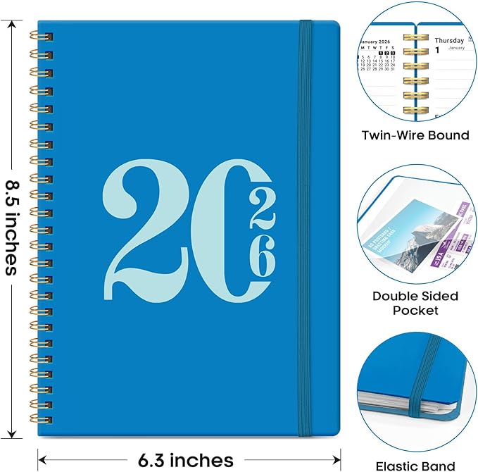 2026 Planner, Weekly and Monthly Calender Planner, Jan 2026 to Dec 2026, Hardcover 2026 Calendar Planner Book with Tabs & Inner Pocket, Office Home School Supplies for Women & Men - A5 (6.3" x 8.5"), Azure Blue
