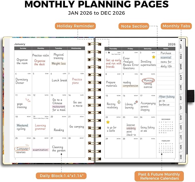 AHGXG 2026 Planner, Weekly and Monthly Planner for Women, Jan 2026 - Dec 2026, Medium Size (5.7" x 8.3"), Calendar 2026, Hardcover with Monthly Tabs, Spiral-Bound, 100 GSM Thick Paper, Colourful Tree