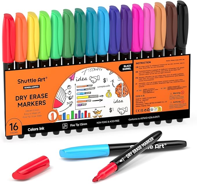 Shuttle Art Dry Erase Markers, 16 Colors Whiteboard Markers,Fine Tip Dry Erase Markers for Kids,Perfect For Writing on Whiteboards, Dry-Erase Boards,Mirrors,Calender, School Office Supplies