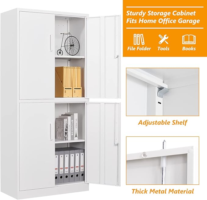 STANI Metal Storage Cabinet, Locking Steel Cabinet With 4 Doors and 2 Adjustable Shelves, 71" Lockable File Cabinet for Home Office, Garage, School (White)