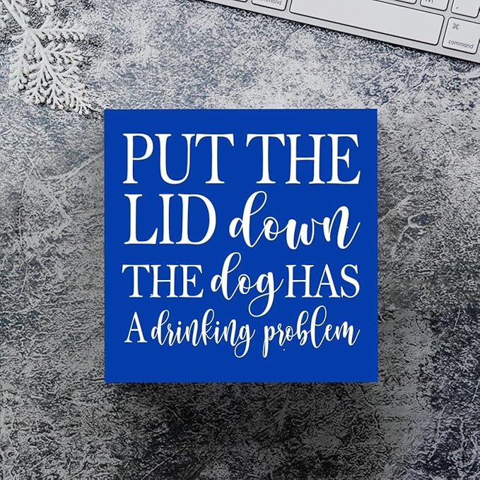 Funny Blue Square Box Sign - Bedroom Bathroom Dining Room Farmhouse Coffee Bar Tabletop Bookshelf Wall Decor - Wooden Box Sign with Toilet Humor Quotes for Home