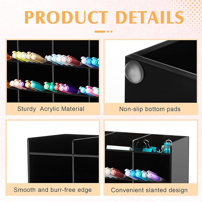 Acrylic Pen Organizer Storage for 250 Markers Vertical Marker Organizer Acrylic Pen Display Holder for Office Desk Desktop Stationery Pencil Storage, Black, 13 x 4 x 12.4 Inch