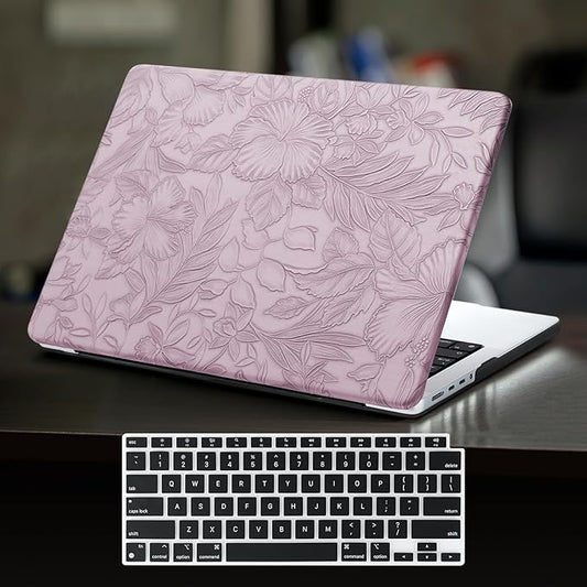 DTangLsm for MacBook Pro 16 inch Case 2025 2024-2021 M4 M3 M2 M1 Pro/Max, for Mac Book Pro 16 M4 A3403 A3186 A2991 A2780 A2485, Elegant Texture Leather Hard Case+Keyboard Cover, Embossed Floral Lilac