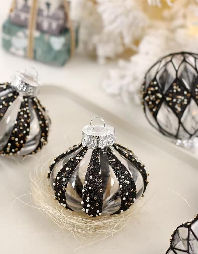 12 PCS Clear and Black Christmas Ball Ornaments, 80mm/3.15 Inches Rustic Farmhouse Christmas Decorations, Large Shatterproof Luxury Hand-Painted Xmas Ornaments for Christmas Tree, Wedding