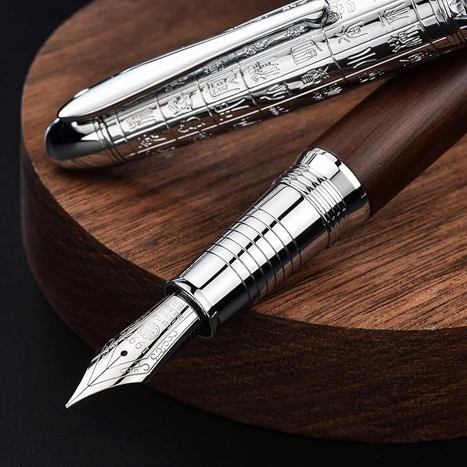 Asvine Hongdian 6016 Natural Wood Fountain Pen, Iridium Fine Nib Writing Pen with Metal Pen Case