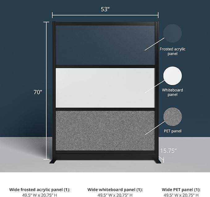 Stand Up Desk Store Workflow Wide Modular Wall | 53'' x 70'' Wall | Expandable Partition Room Divider with Rearrangeable Frosted Acrylic, Sound Absorbent and Whiteboard Panels (Black Frame)