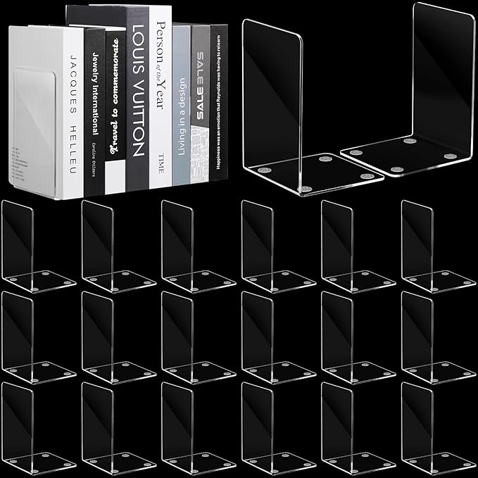 Sabary 20 Pcs Acrylic Book Ends Clear Acrylic Bookends with Silicone Pad Non Skid for Shelves Heavy Duty Bookends Book Stoppers for Office Library CDs File, 7.2 x 4.7 x 4.7 Inch