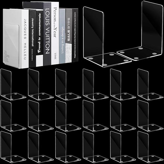 Sabary 20 Pcs Acrylic Book Ends Clear Acrylic Bookends with Silicone Pad Non Skid for Shelves Heavy Duty Bookends Book Stoppers for Office Library CDs File, 7.2 x 4.7 x 4.7 Inch