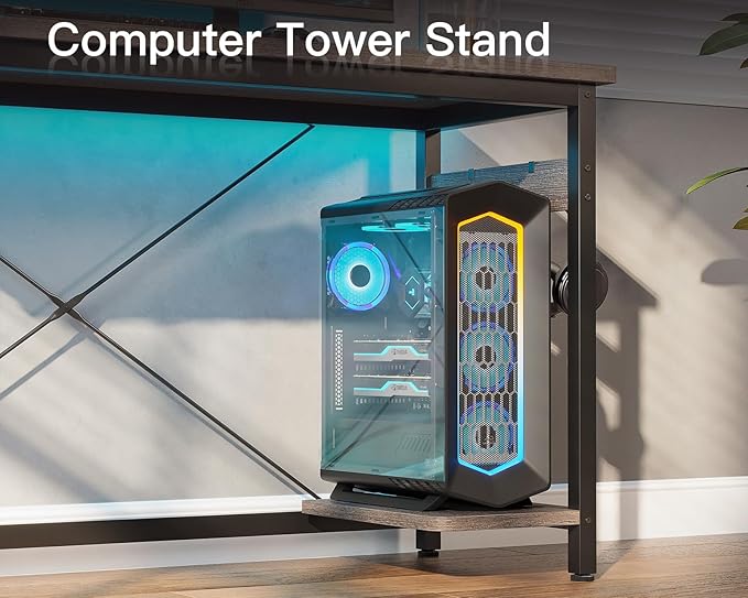 Coleshome 66" L Shaped Gaming Desk with Outlet, L Shaped Desk with CPU Stand, Corner Computer Desk, Home Office Desk, Writing Desk, Grey Oak