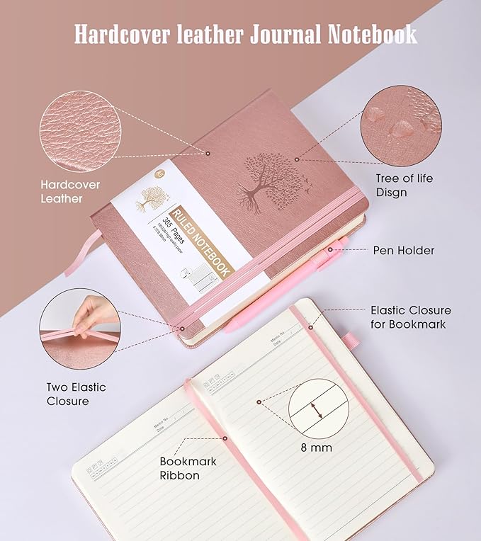 Lined Journal Notebook -365 Pages A5 Thick Journals for Writing Ruled Notebook, Pink Hardcover Leather Journals for Women Men, Daily Journal Notebook for Work, Note Taking (5.75'' X 8.38'' Rose Gold)