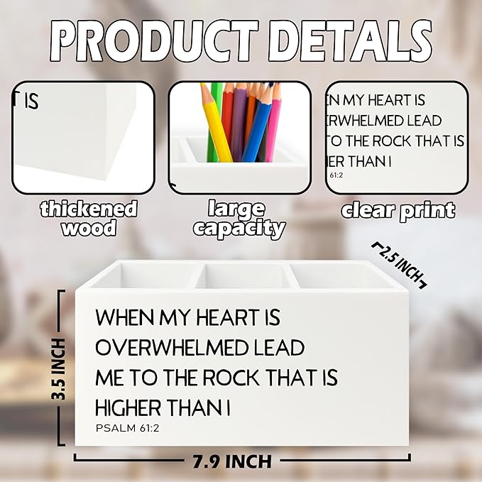 Christian Pen Pencil Holder Organizer for Desk, Christian Gifts for Women Men, Religious Psalm 61:2 Bible Verse Scripture Wooden Box Sign for Home Office Desk Tabletop Decorations