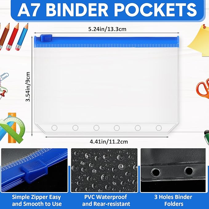 40 Pieces 6 Ring Binder Zipper Pouch, 6 Hole Binder Pockets with Zipper Bulk Binder Folders Plastic Binder Pouch Loose Leaf Bags Waterproof PVC Document Filing Bag(Colorful, A7)