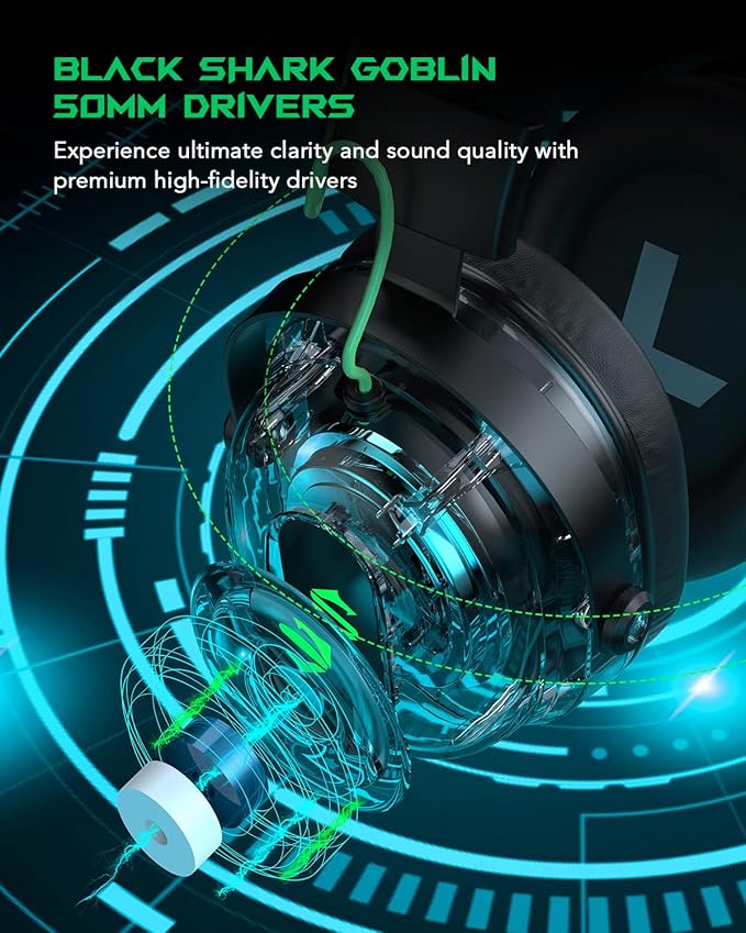 Black Shark Gaming Headset with Noise Canceling Cardioid Mic, Over-Ear Headphones for PC, PS4, PS5, Xbox, Switch, 50mm Dynamic Drivers & LED Light