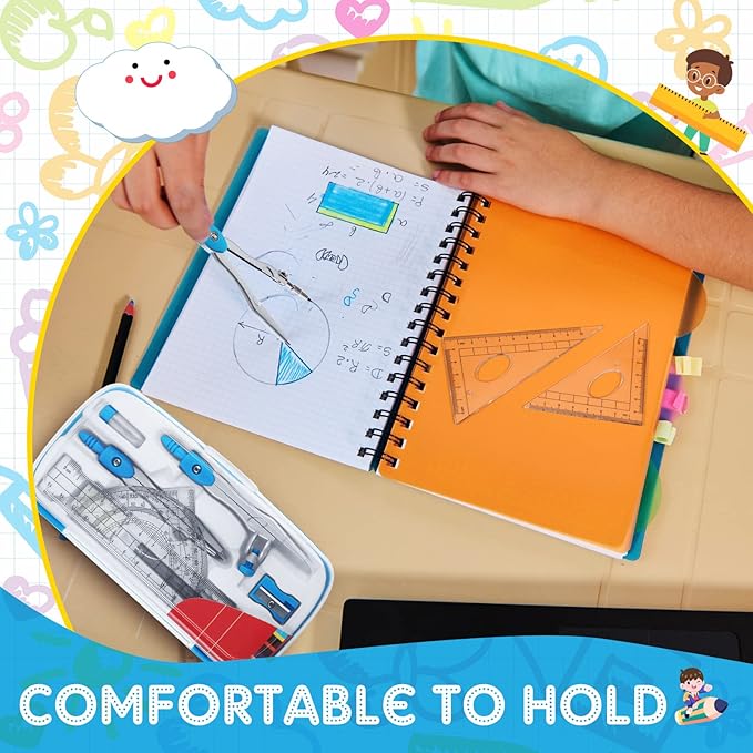 Teling 12 Sets Math Geometry Kit for Students 10 Pcs Compass Geometry Tools Set Includes Rulers Protractor Compass Eraser Pencil Sharpener Lead Refills Pencil (Blue)