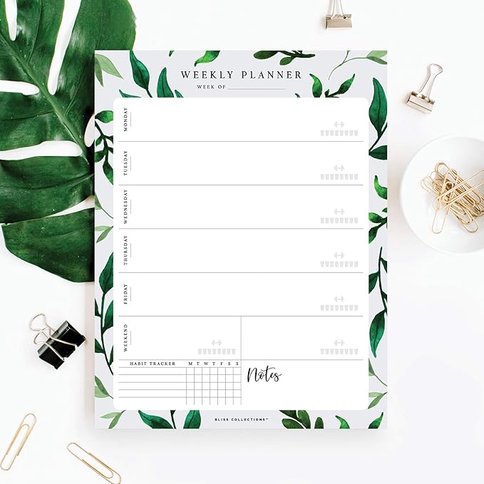 Bliss Collections Weekly Planning Pad, Desk Calendar - Greenery - Undated Tear-Off Sheets Notepad - Calendar, Organizer, Scheduler for Goals, Tasks, Ideas, Notes & To-Do Lists - 8.5" x 11", 50 Sheets