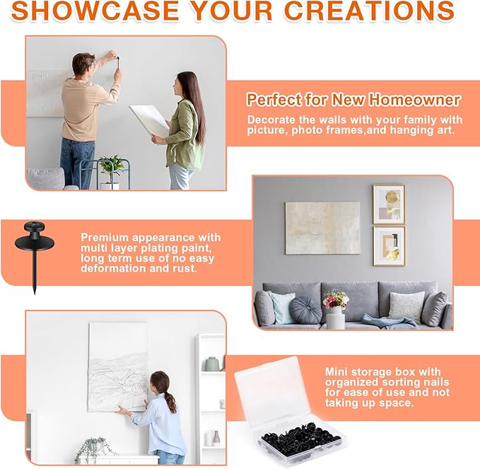 50 PCS Push Pins Picture Hangers Wall Hooks, Double Headed Thumb Tacks Without Nails, Renter Friendly Decor Thumbtacks for Tapestry Frame Art Photos (Black)