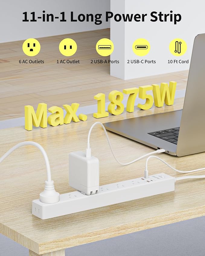 10 Ft Power Strip Surge Protector - 7 Outlets 4 USB Ports (2 USB C), Ultra Thin Flat Extension Cord & Flat Plug, 1700 Joules, Wall Mount, Desk Charging Station for Home Office Dorm, White