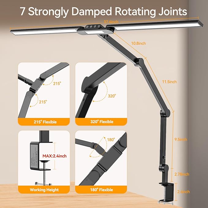 LED Architect Desk Lamp with Clamp - 24W Ultra Bright Adjustable Swing Arm Light for Home Office, 3000 Lumen Auto Dimming Computer Lamp with Stepless Touch Control, Rotatable for Video Calls, Drafting