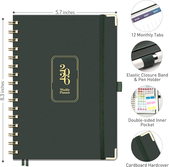 RETTACY 2026 Planner, Weekly and Monthly, Medium Size (5.7" x 8.3"), Jan - Dec 2026, Agenda, Calendar, 12 Month Tabs, Hardcover, 100 GSM Thick Paper, Spiral-bound (Dark Green)