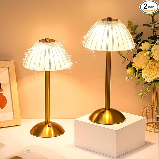 Liliful 2 Pcs LED Portable Cordless Table Lamp Touch Battery Operated Rechargeable Gold Desk Lamp 3 Color Dimmable for Bedroom Living Room Dining (Gold,Mushroom Style)