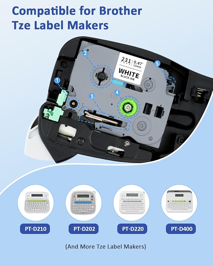 Tze Label Maker Refill Tz-231 Compatible for Brother Ptouch Tze-231 Tze231 12mm 0.47 Laminated White Tape 1/2 Inch Tz Tape for P Touch PT-D210 PT-H110 PT-D220 PT-D400 PT-H111 PT-D410, 4 Pack