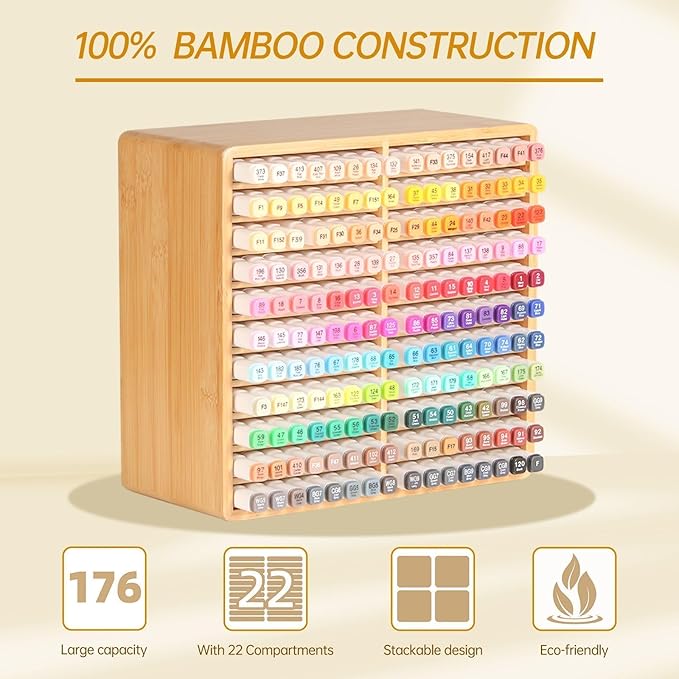 walowalo Marker Organizer Hold 176 Markers Birthday Gifts Bamboo Pen Holder Art Supply Pencil Storage Organizer with 22 Compartments All-in-One Marker Storage for Home Office Desk Classroom