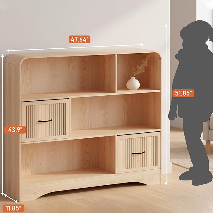 6 Cube Storage Organizer, 48" Wide Cube Storage Organizer w/Adjustable 2 Bins Storage, Modern Wooden Bookshelves and Bookcase w/Drawers, Large Bookshelf w/Open Display Shelves for Living Room, Oak