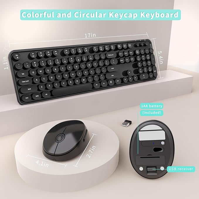 Wireless Keyboard and Mouse Combo, Ergonomic Full Size Typewriter Retro Round Keycaps Keyboard, Compatible with Windows, PC, Perfer for Home and Office Keyboards (Black