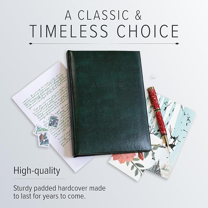 Gallery Leather Large Address Book with Alphabetical Tabs up to 480 Records, Leather Notebook Hardcover, Telephone and Address Books - 9x7", Desk Address, Acadia Pool