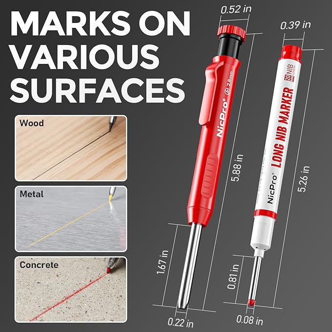 Nicpro 6 Pack CP1000 Carpenter Pencils with Sharpener, Mechanical Pencil Set with 66 Refills, Deep Hole Long Nib Marker Pens, Heavy Duty Woodworking Tools Construction Pencil for Architect Marking