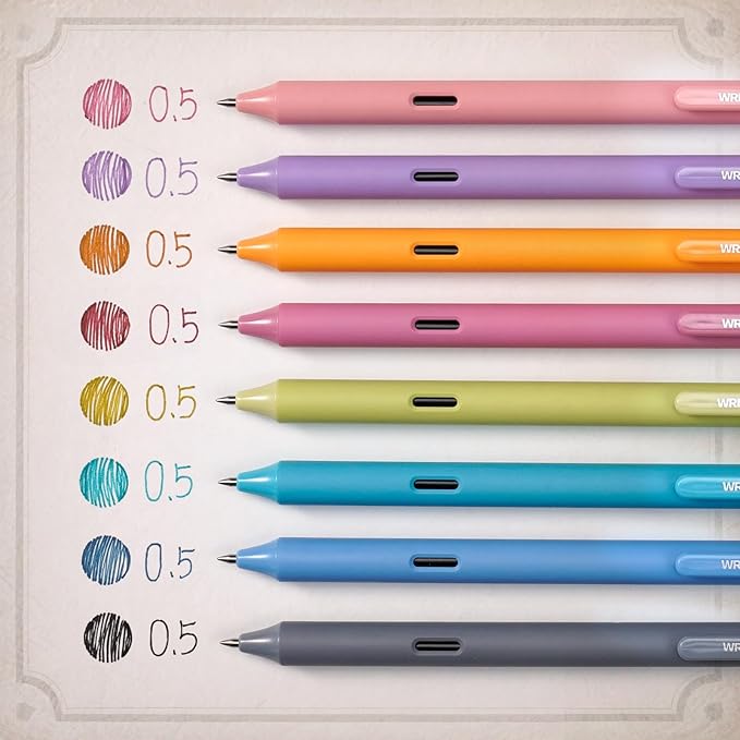 WRITECH Fine Point Gel Pens: 8ct 0.5mm Multi Colored Ink Colors Retractable Pen for Smooth Writing Note Taking Journaling Assorted Coloring No Bleed & Smear & Smudge (Vintage Set)