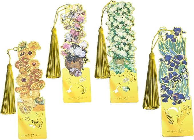 Metal Bookmarks, 4 Pack Floral Design with Tassels, 4.5 x 1.1 inches, Yellow Vintage Art Book Accessories Bookmark for Readers