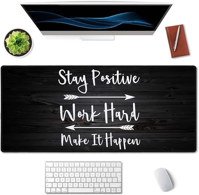 Extended Gaming Mouse Pad (35.5x15.7 in), Stay Positive Work Hard and Make It Happen Inspirational Quotes Art Rustic Black Old Wood White Quote Large Stable Rubber Base Mousepad with Stitched Edges
