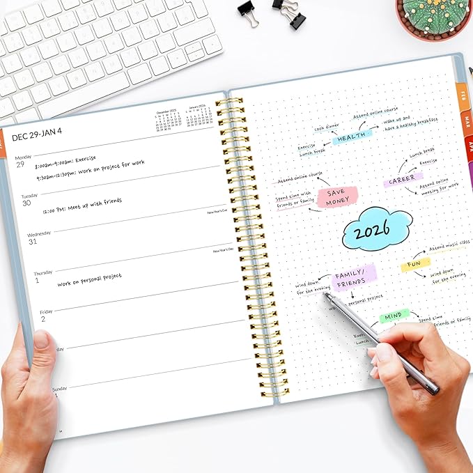 SUNEE 2026 Weekly and Monthly Planner - January 2026-December 2026, 8.5"x11" Half Weekly Half Note, Daily Agenda Planner with PVC Waterproof Cover, Monthly Tab, Note, Pockets, Bookmark, Blue