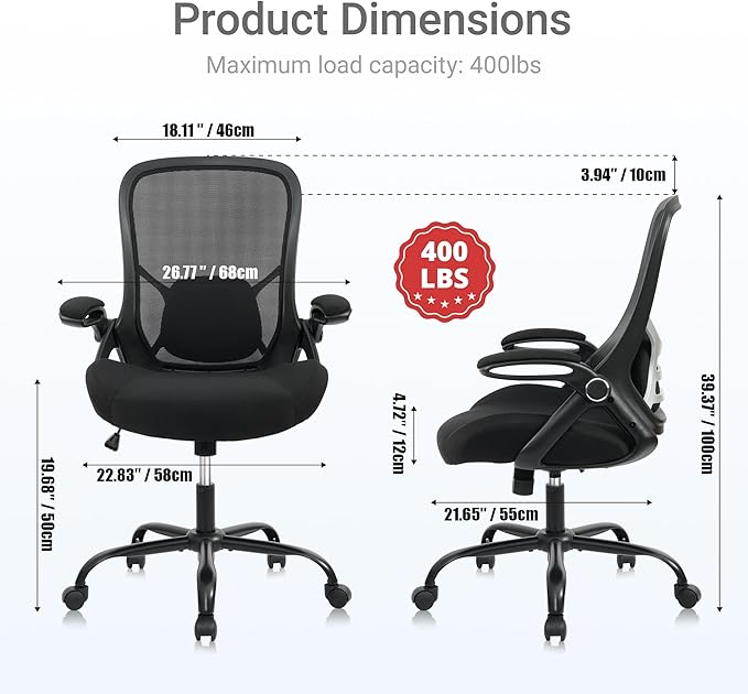 HYLONE Big and Tall 400lbs Heavy Duty Office Chair, 5" Thickened Seat Ergonomic Desk Chair with Adjustable Armrests, Home Office Computer Chairs for Long Hours Mesh Executive Chair(Black)