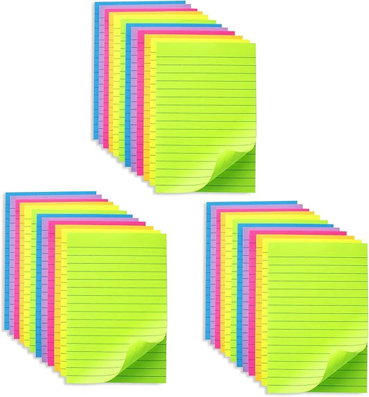 (36 Pack) Lined Sticky Notes 4x6 in Ruled Stickies Super Sticking Power Memo Pads Bright Colors