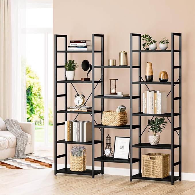 NUMENN Triple Column 5 Tier Bookshelf, Bookcase with 14 Open Display Shelves, Adjustable Rustic Industrial Style Book Shelves, Modern Bookshelves for Bedroom, Living Room and Home Office, Black