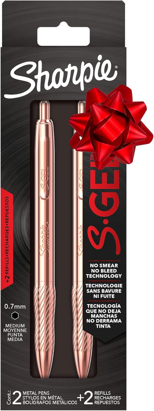 Sharpie S-Gel, Gel Pen, Copper Metal Body, Medium Point (0.7mm), Black Ink, Includes 2 Pens and 2 Additional Ink Refills