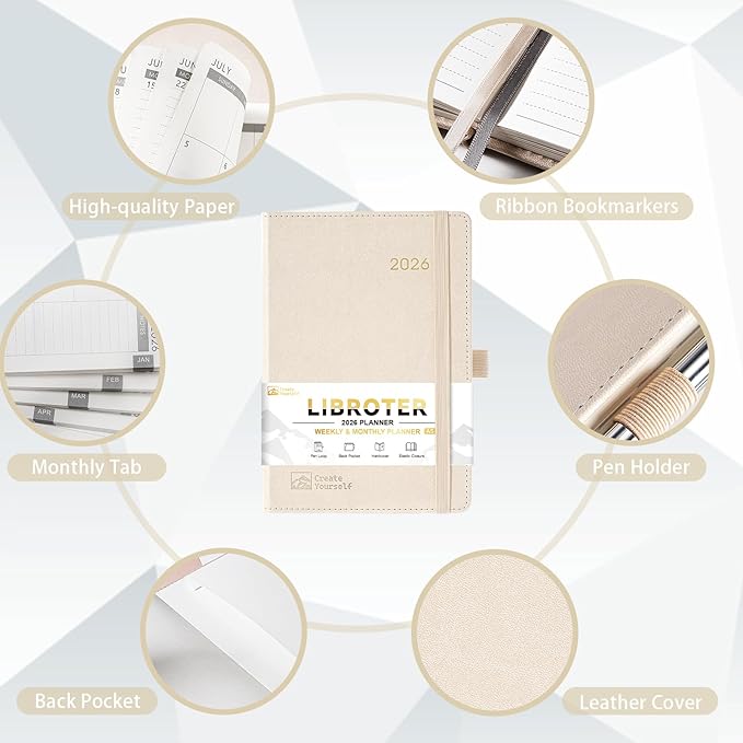 2026 Planner - Planner 2026, 2026 Weekly Monthly Planner, Jan.2026 - Dec.2026, 5.7'' x 8.4'', Thick Paper, Leather Cover, Pen Holder, Back Pocket, Bookmarks, Perfect Daily Organizer - Off-white