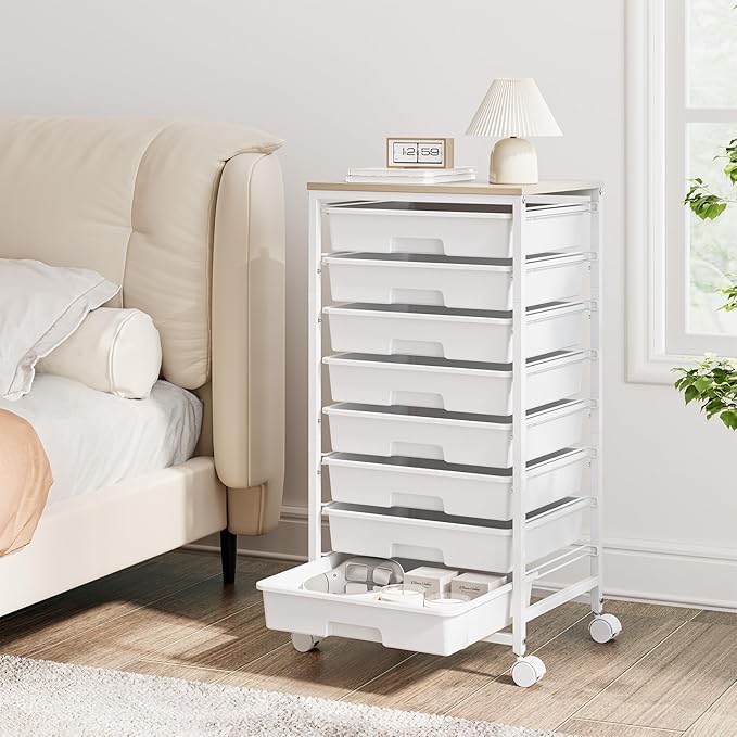 Storage Cart with 8 Drawers, Utility Cart with White Drawers and Wooden Tabletop, Craft Cart, Teacher Organization for Classroom,White