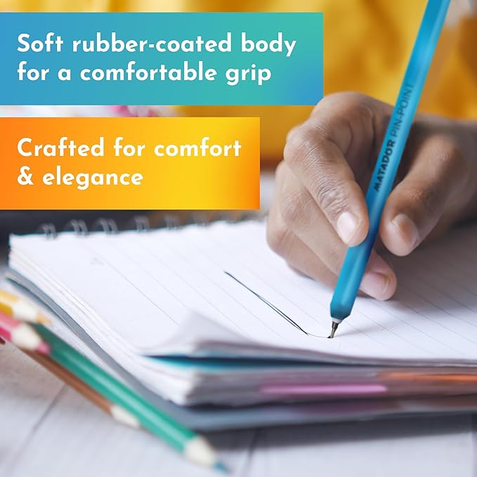 Matador Pin-Point Ball Pen | Oil Based Gel Ink | Soft Rubber Coated Body | 5 Attractive Body Colour | Retractable Fine (0.6mm) NS Tips with TC Ball | Pack of 12 (Blue)