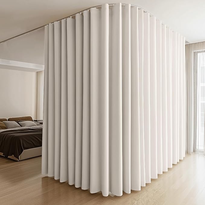 Room Divider Curtains & Flexible Bendable Tracks Set,Privacy Dividers Ceiling Track Curtain Window Blackout Curtains for Living Room Bedroom (W100 × H96 in 1 Panel Beige Drape & White Rail)