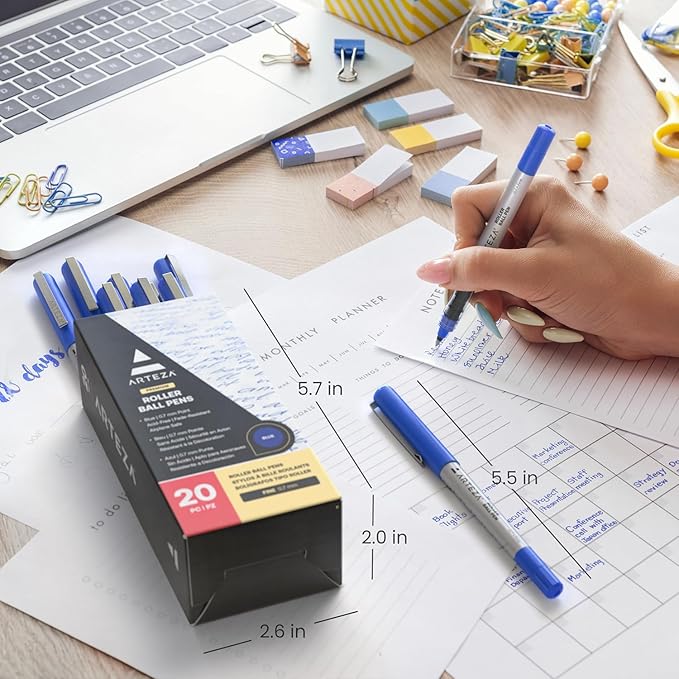 ARTEZA Rollerball Pens, Pack of 20 – Blue Liquid Ink Pens with 0.7 mm Fine Point for Note-Taking, Bullet Journaling, Office & School Writing Tasks