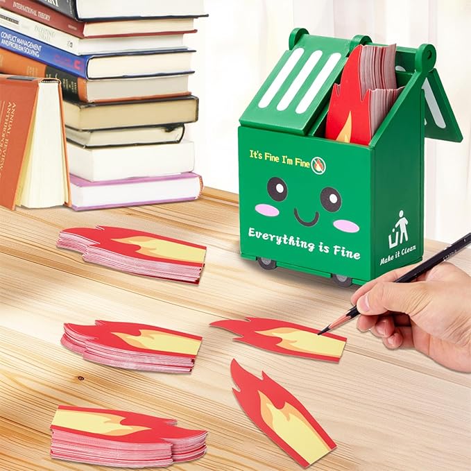 Dumpster Fire Desk Accessories, Dumpster Fire Pencil Holder Set with 100 Pcs Flame Note Cards, Cute Office Desk Decor Funny Gifts for Coworker Staff Team Teachers
