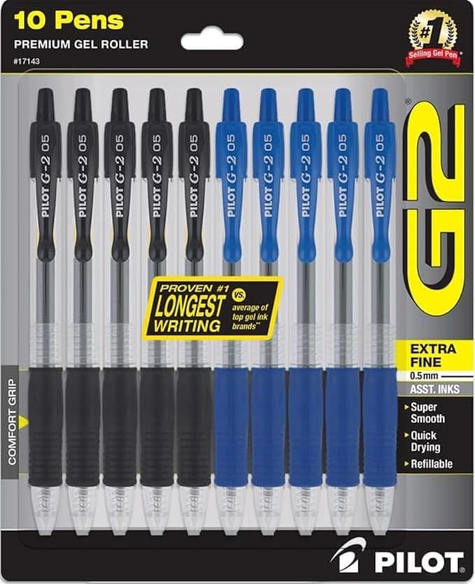 PILOT G2 Pens 0.5 mm - 10 Pack of 5 Blue and 5 Black Pens Ballpoint Extra Fine Point, Refillable & Retractable