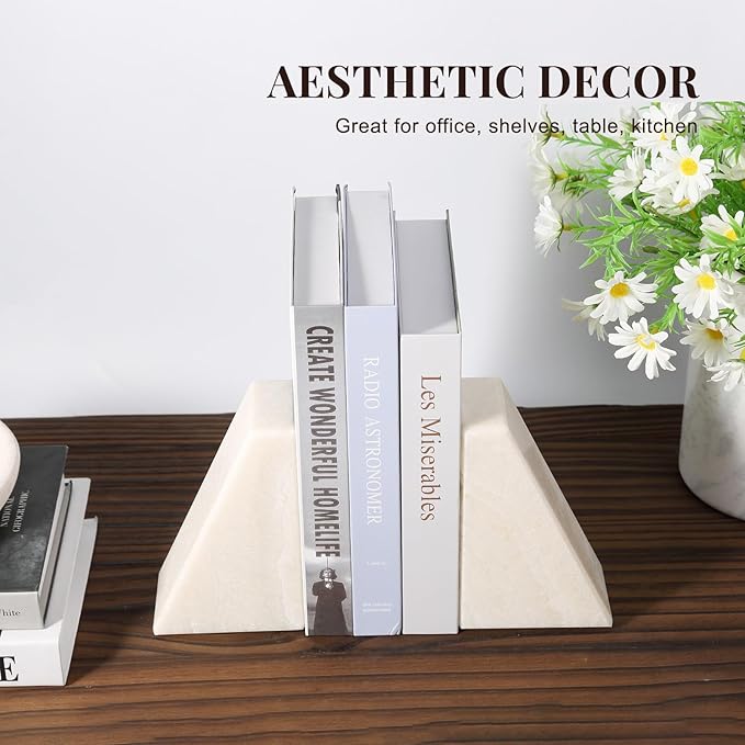 Koville Marble Bookends for Shelves, Large Bookends for Heavy Books, Non-Slip 7Lbs Stone Book Ends for CD/Movies, Modern Decorative Bookends for Shelves Table Home Decor(Navona)