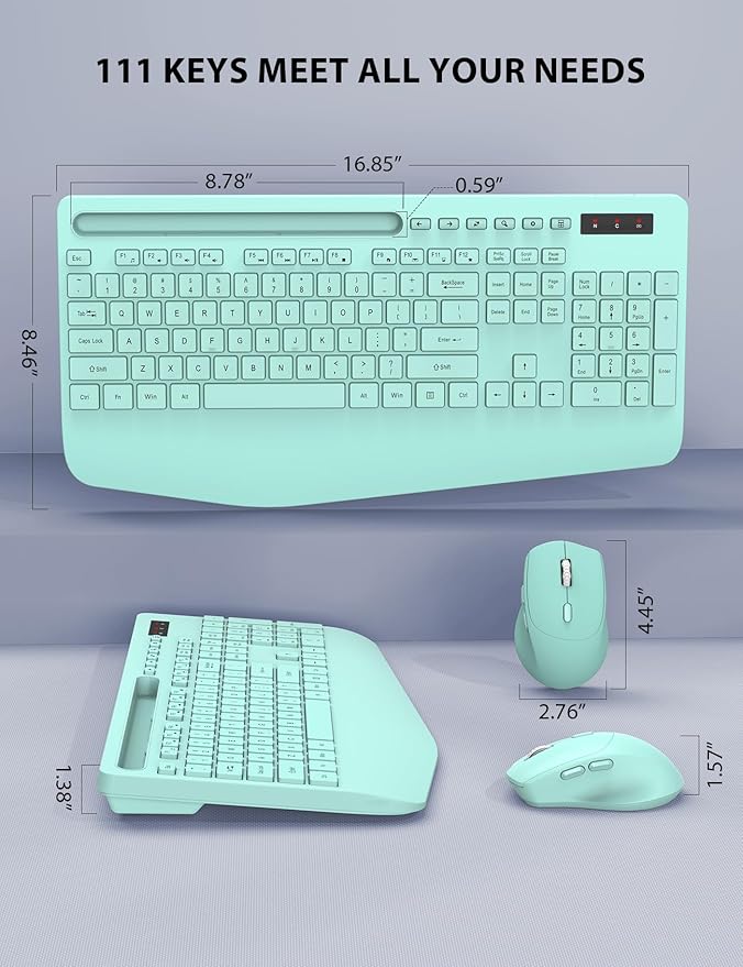Wireless Keyboard and Mouse Combo - Full-Sized Ergonomic Keyboard with Wrist Rest, Phone Holder, Sleep Mode, Silent 2.4GHz Cordless Keyboard Mouse Combo for Computer, Laptop, PC, Mac, Windows (Green)
