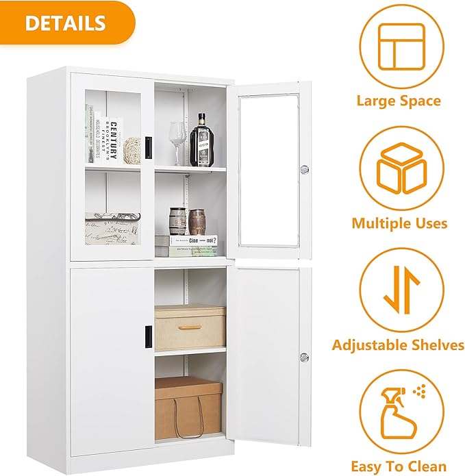 STANI Metal Storage Cabinet, Locking Steel Cabinet with Shelves, Tall Metal Utility 2 Doors, Lockable Steel Cabinets for Home Office (4 Doors, White)