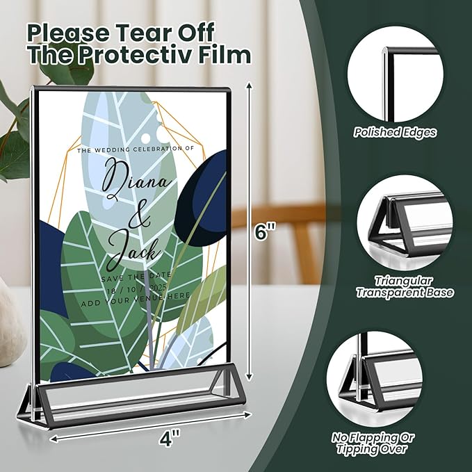 15 Pack Acrylic Sign Holder 4x6, Wedding Black Frame Table Number Holders Vertical, Clear Picture Frames Flyer Stands Tables Menu Holder, Double Photo Paper Display Holder for Party, Home, Office