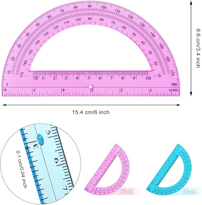 Zonon 2 Pcs 6 Inch Plastic Protractor Math Protractors 180 Degrees Angle Measurement, Translucent for Geometry Classroom Kid Student School Office Supplies(Pink, Blue)